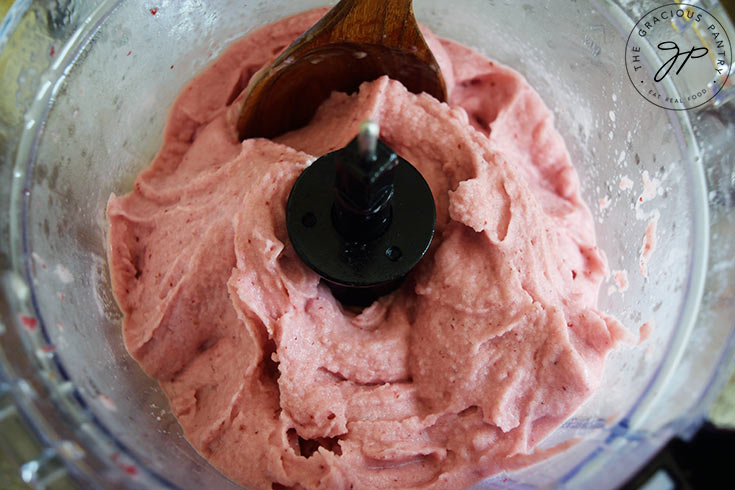 Fully blended Strawberry N'ice Cream in a food processor.