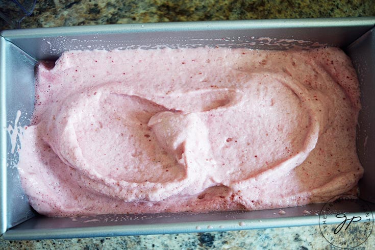 The Strawberry N'ice Cream smoothed out in a loaf pan.