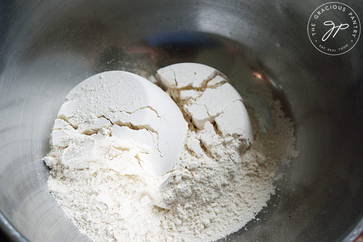 Flour in a mixing bowl.