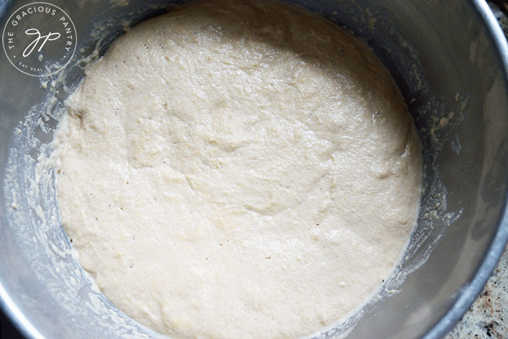 The risen Whole Wheat Focaccia Bread dough after rising for one and a half hours.