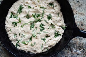 Unbaked Whole Wheat Focaccia Bread dough, ready to go into the oven.