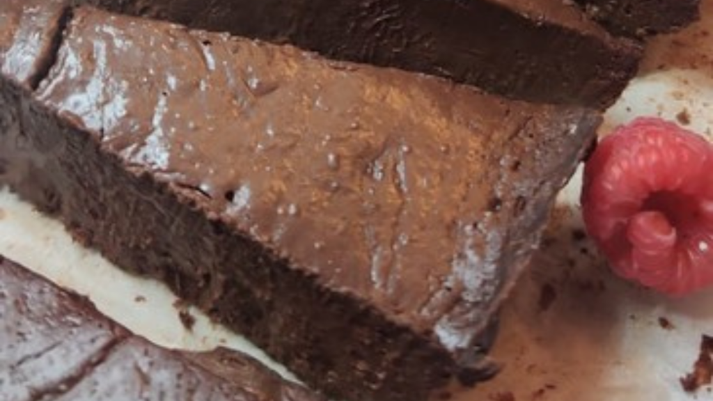 A closeup of a slice of lazy no-bake chocolate cake.