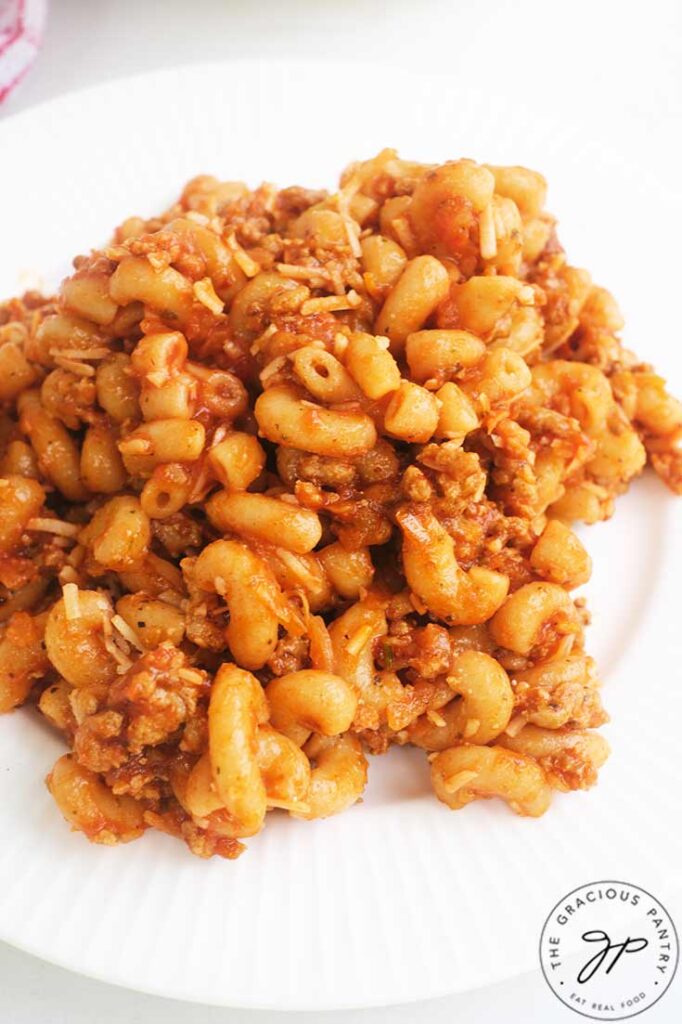 A white plate filled with Chili Mac.