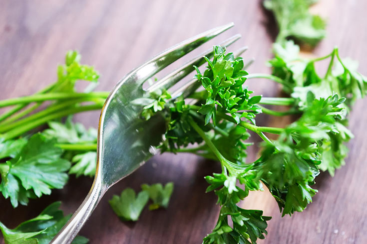 A fork destemming a sprig of parsley.