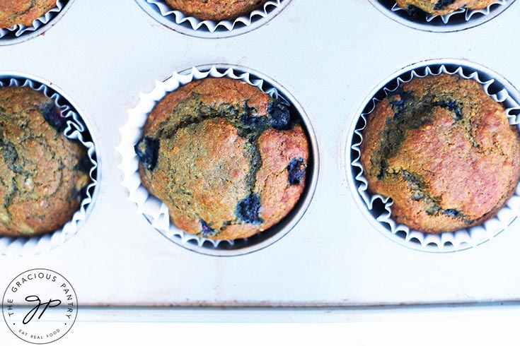 Just-baked Blueberry Corn Muffins still in a muffin pan.