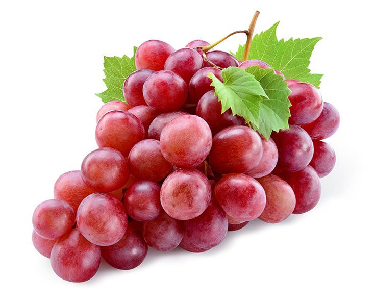 A bunch of red grapes on a white background.