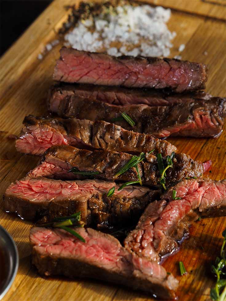 Cut steak pieces on a wood cutting board.