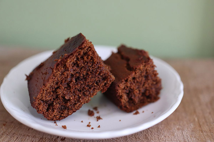 Two soft gingerbread squares on a white plate.