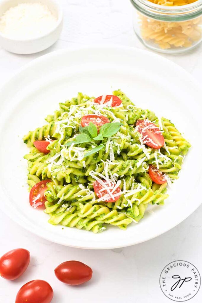 A white pasta bowl filled with Avocado Pasta.