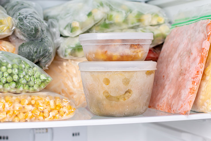 Frozen food in a freezer.