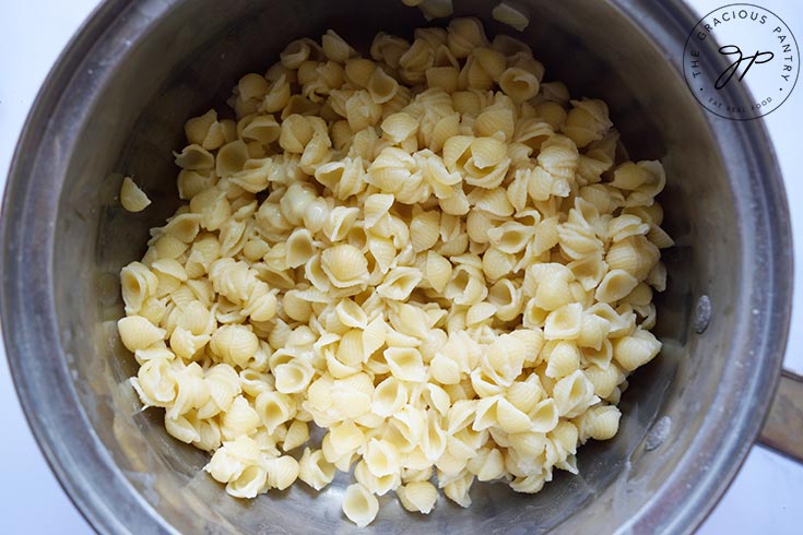 Strained pasta shells in a pot.