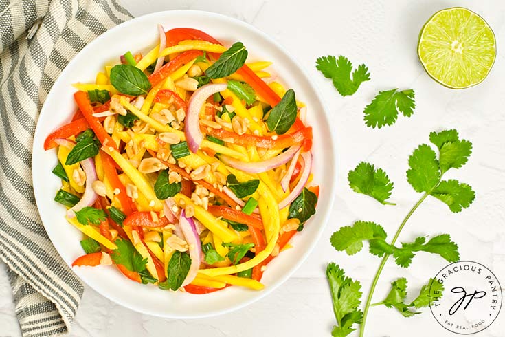 An overhead view of a white plate filled with Mango Salad.