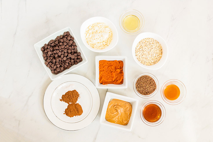 No Bake Pumpkin Protein Bars Recipe ingredients in individual white bowls on a white surface.