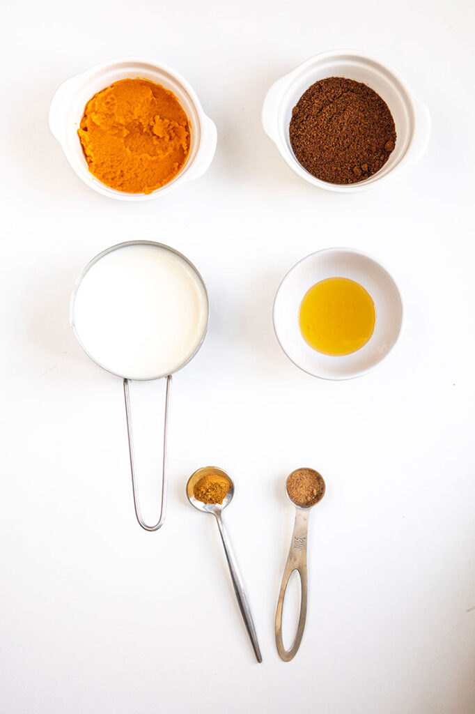 Pumpkin Iced Coffee Recipe ingredients in individual bowls on a white surface.