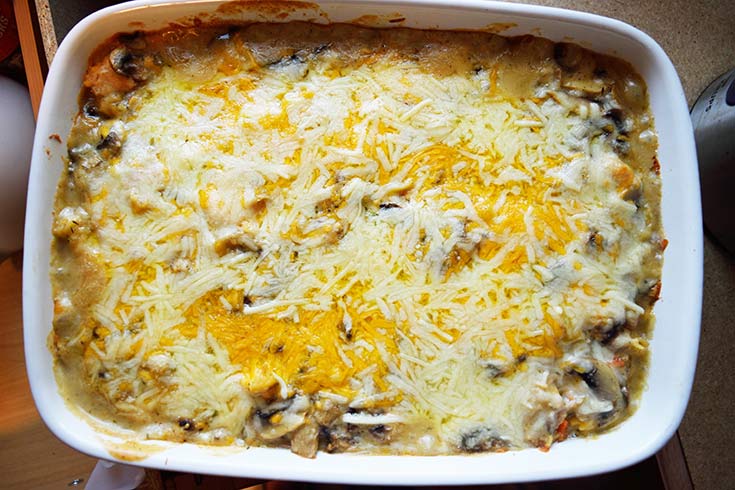 The just-baked Tuna Noodle Casserole cooling on a countertop.