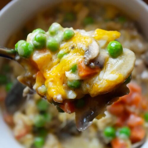 A spoon filled with Tuna Noodle Casserole lifts some of the dish out of a white bowl.