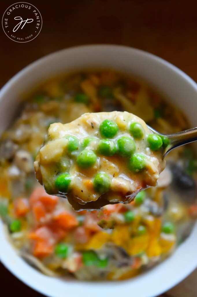 A spoonful of Tuna Noodle Casserole.