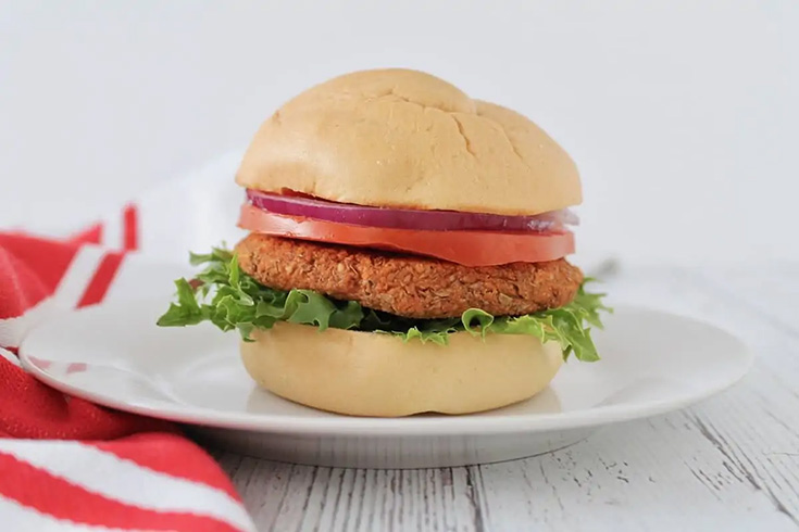 A sprouted lentil burger sits on a white plate.