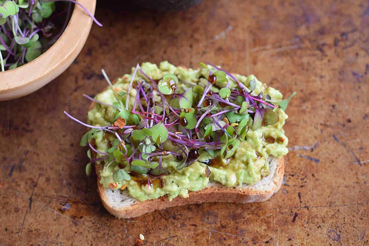 A single slice of avocado toast with microgreens on top.