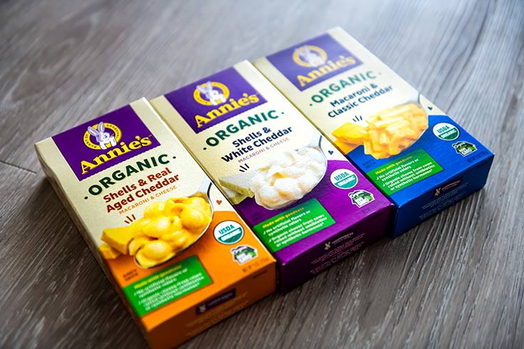 Boxed, organic mac and cheese in three flavors.
