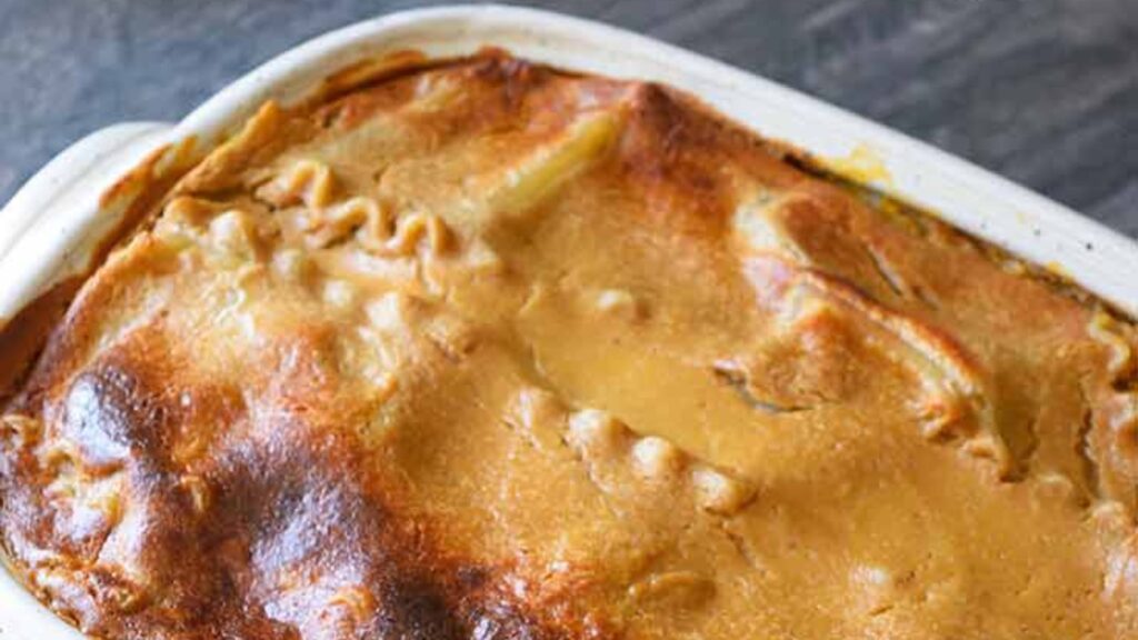 A casserole dish of just-baked butternut squash lasagna.