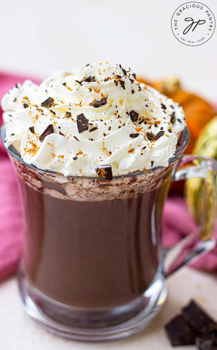 A closeup of a glass mug filled with pumpkin spice hot chocolate and topped with whipped cream.