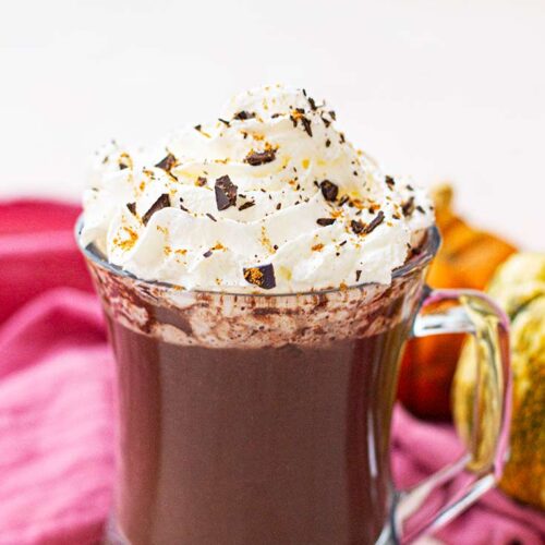 A front view of a glass mug filled with pumpkin spice hot chocolate.