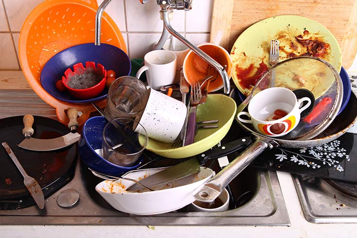 A pile of dirty dishes in a sink.