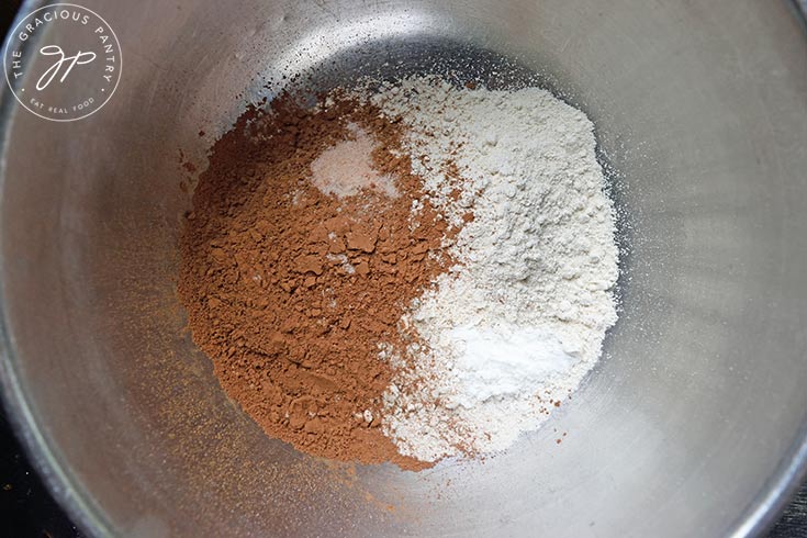 Flour, cocoa powder, salt and baking powder in a mixing bowl.