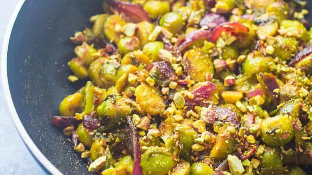 Caramelized Brussels Sprouts in a skillet.