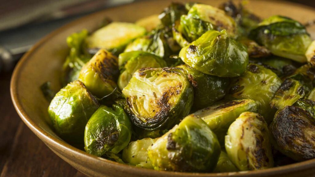 A plate of roasted Brussels sprouts.