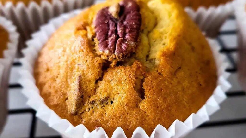 Closeup of a single maple pecan muffin with a single pecan on top.