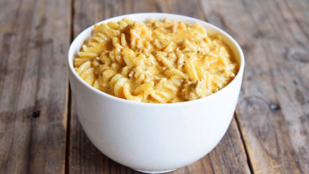 A white bowl filled with Real Food Homemade Hamburger Helper Cheeseburger Pasta.