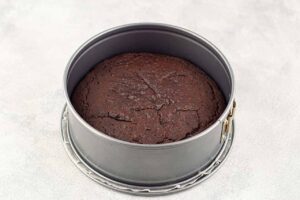 Chocolate Christmas Cake cooling in a cake pan.