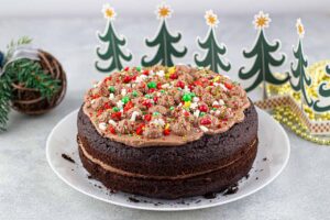 The finished Chocolate Christmas Cake on a platter.