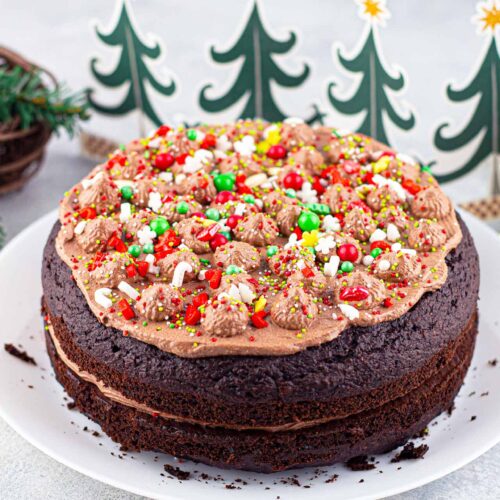 A whole Chocolate Christmas Cake on a platter next to some cutout decorations of Christmas trees.