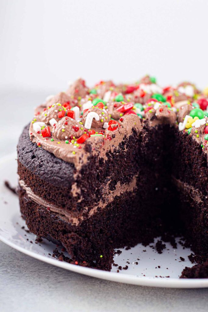 A Chocolate Christmas Cake with a slice removed.