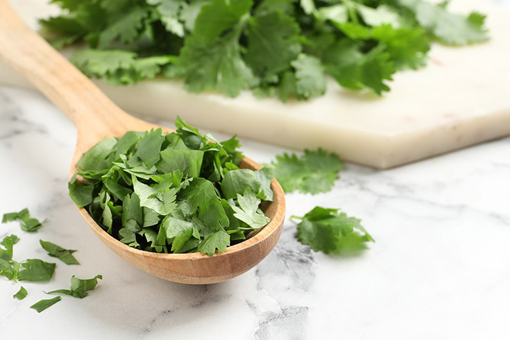 A wooden spoon holds chopped, fresh cilantro.