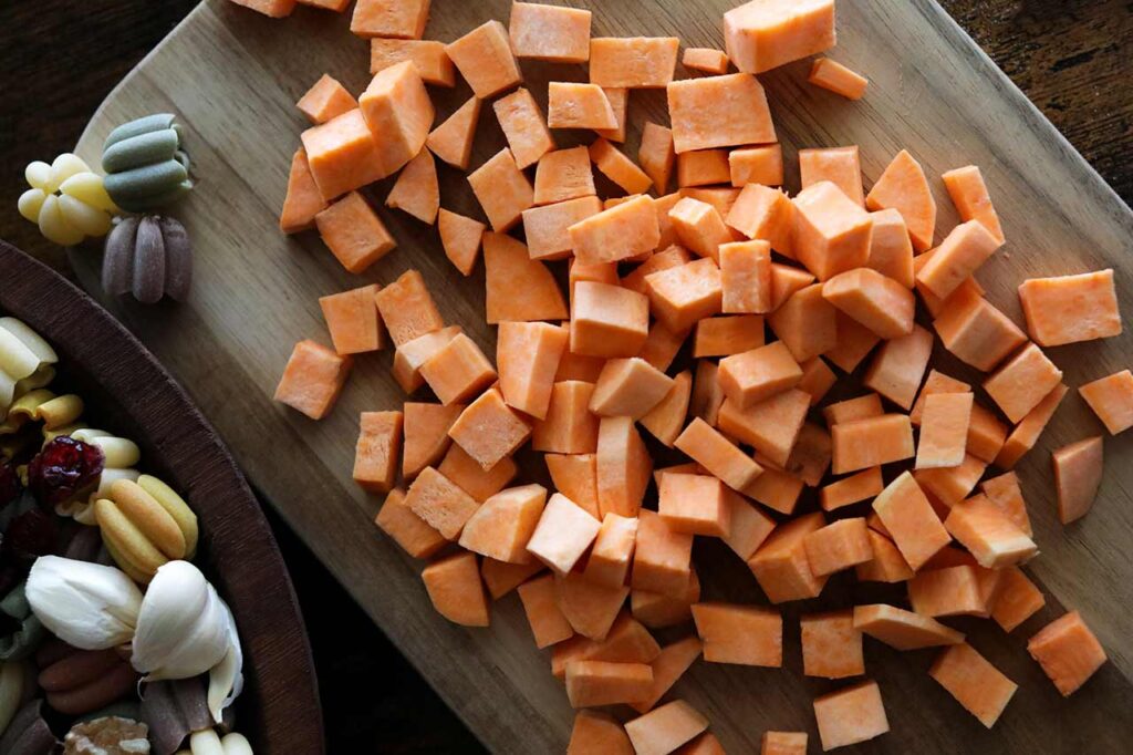Sweet potatoes cut into half-inch cubes.