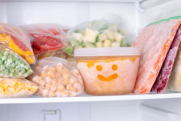 An open freezer with frozen foods inside.