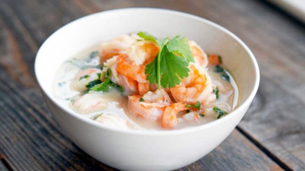 A white bowl filled with Thai-Style Shrimp.