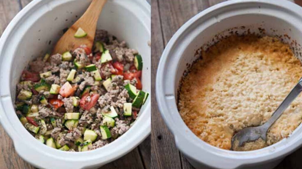 Lower Carb Shepherd's Pie in a slow cooker crock.