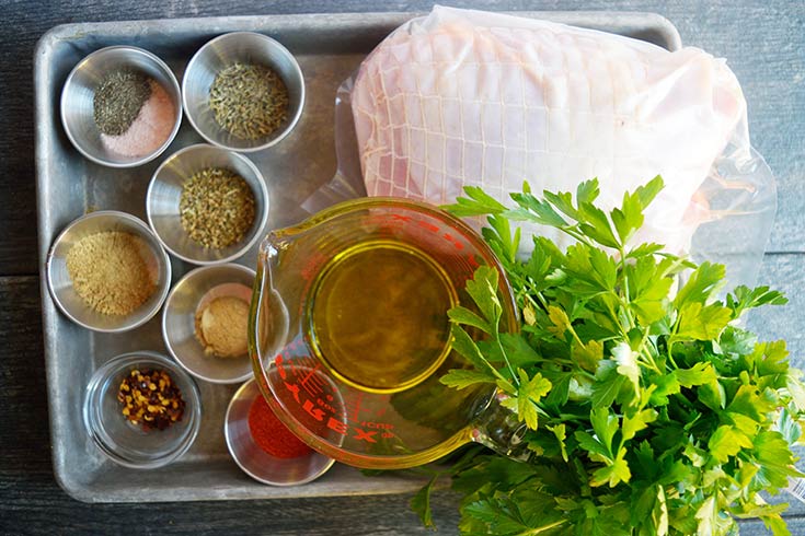 Recipe ingredients on a baking sheet.