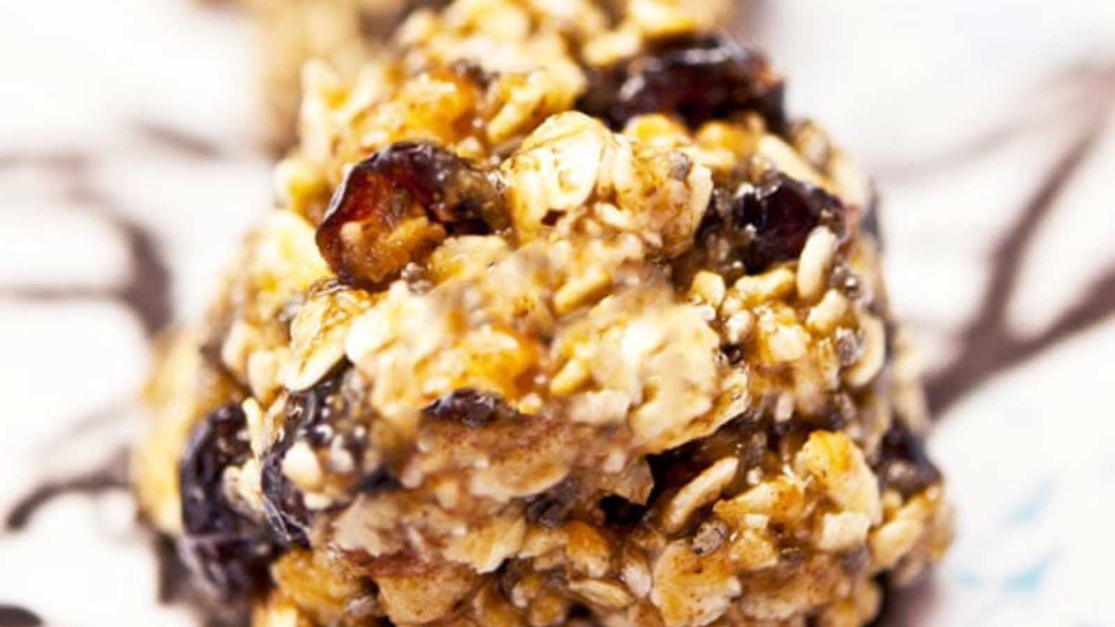 A closeup of a no-bake oatmeal cookie on a platter.