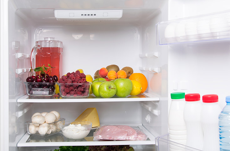 Inside view of an organized fridge.