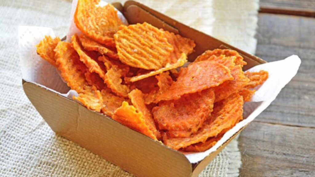 Twice Baked Sweet Potato Chips in a cardboard chip box.