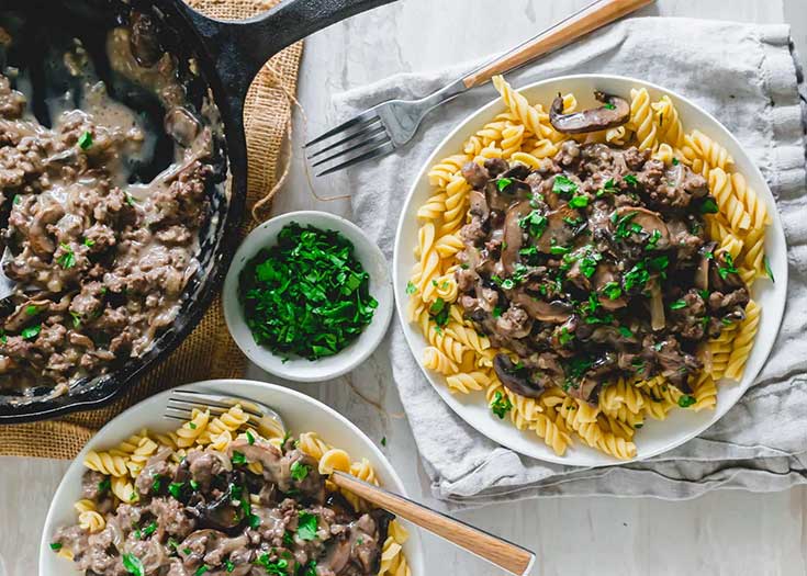 An overhead view of two plates filled with venison stroganoff.