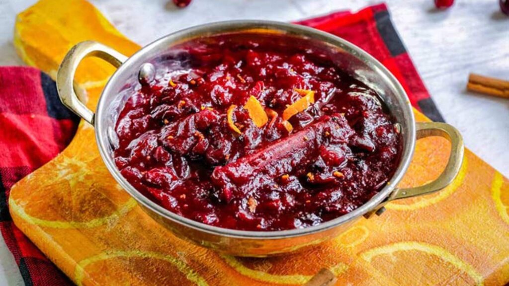 Homemade cranberry sauce in a serving dish.