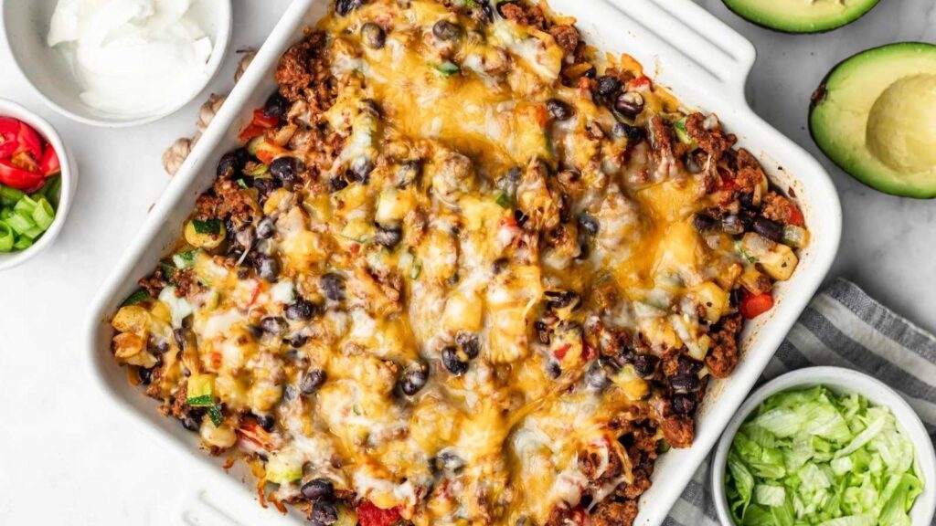 An overhead view of a walking casserole in a white casserole dish.