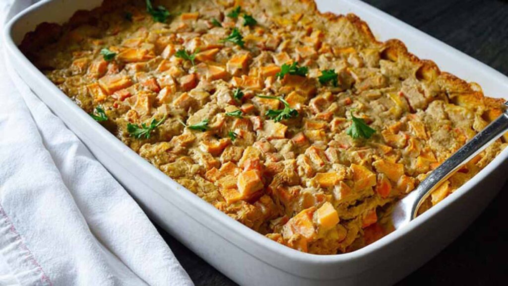 A casserole dish filled with Butternut Rice Casserole.